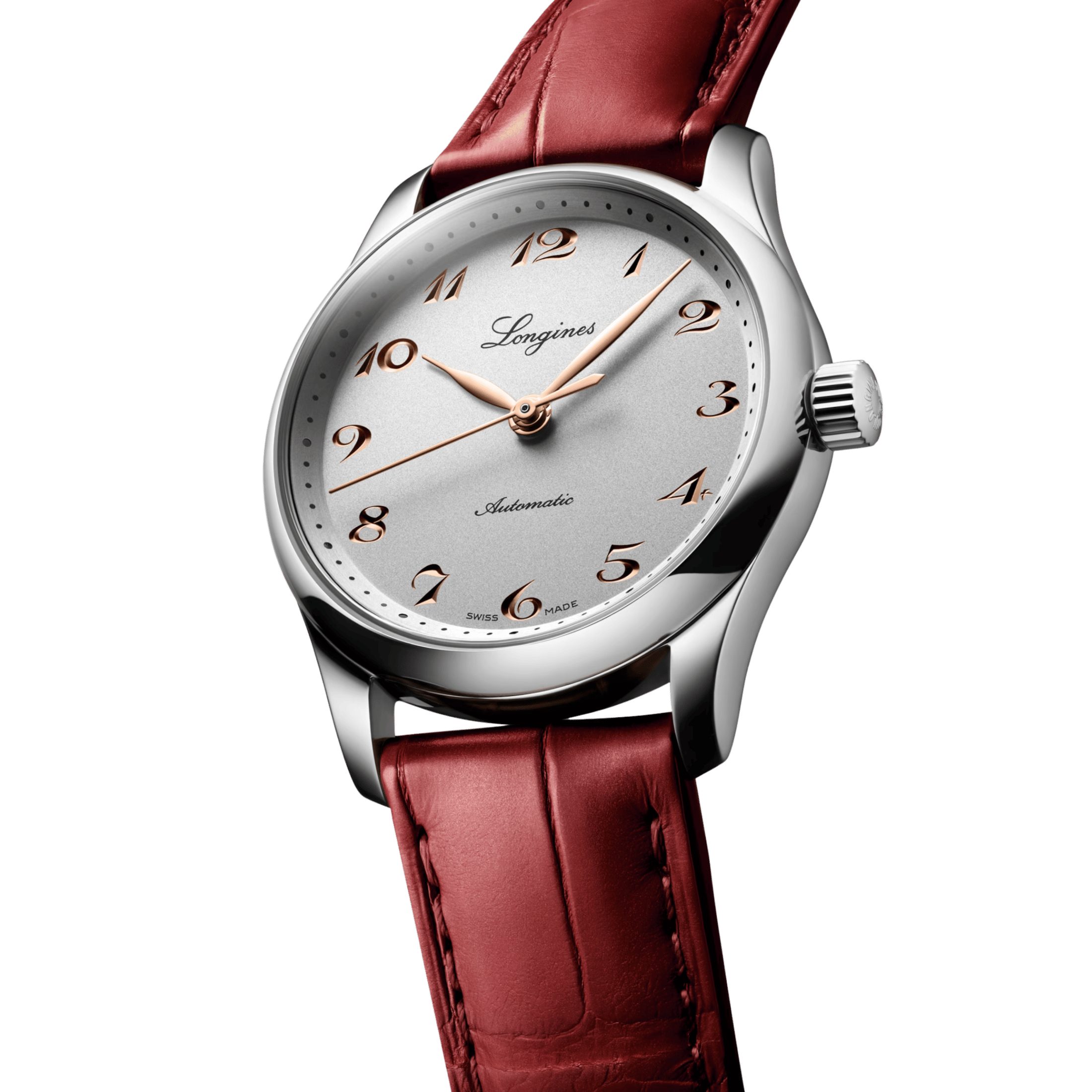 Longines Master Collection watch, self-winding, steel, silver dial, red leather strap, 34 mm