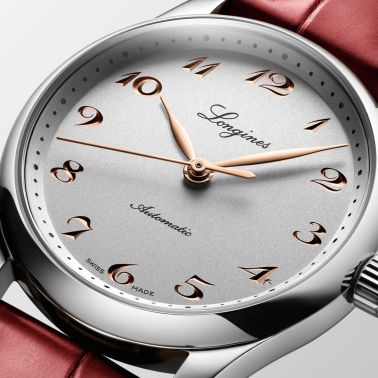 Longines Master Collection watch, self-winding, steel, silver dial, red leather strap, 34 mm
