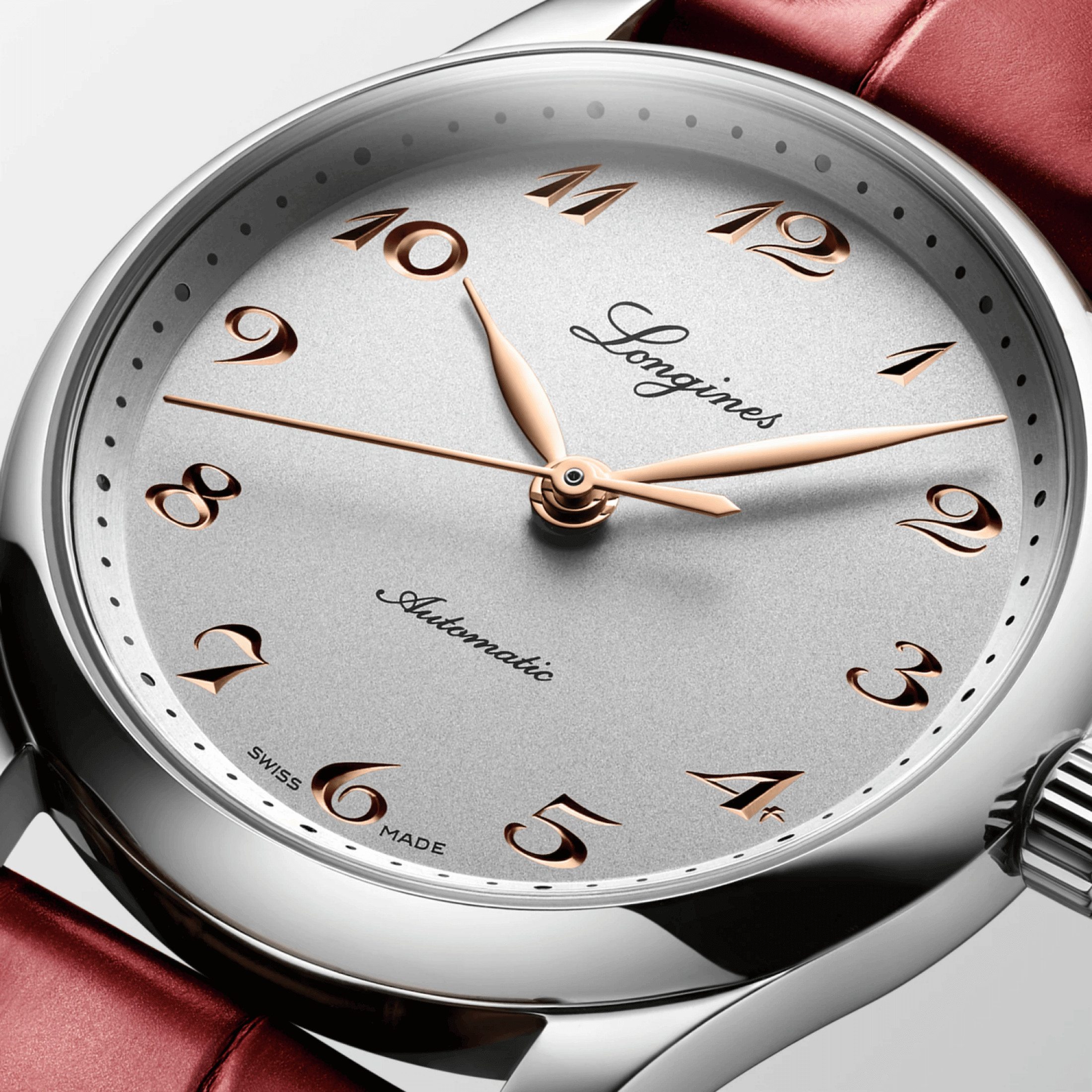 Longines Master Collection watch, self-winding, steel, silver dial, red leather strap, 34 mm
