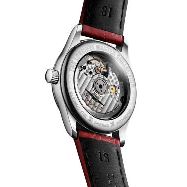 Longines Master Collection watch, self-winding, steel, silver dial, red leather strap, 34 mm