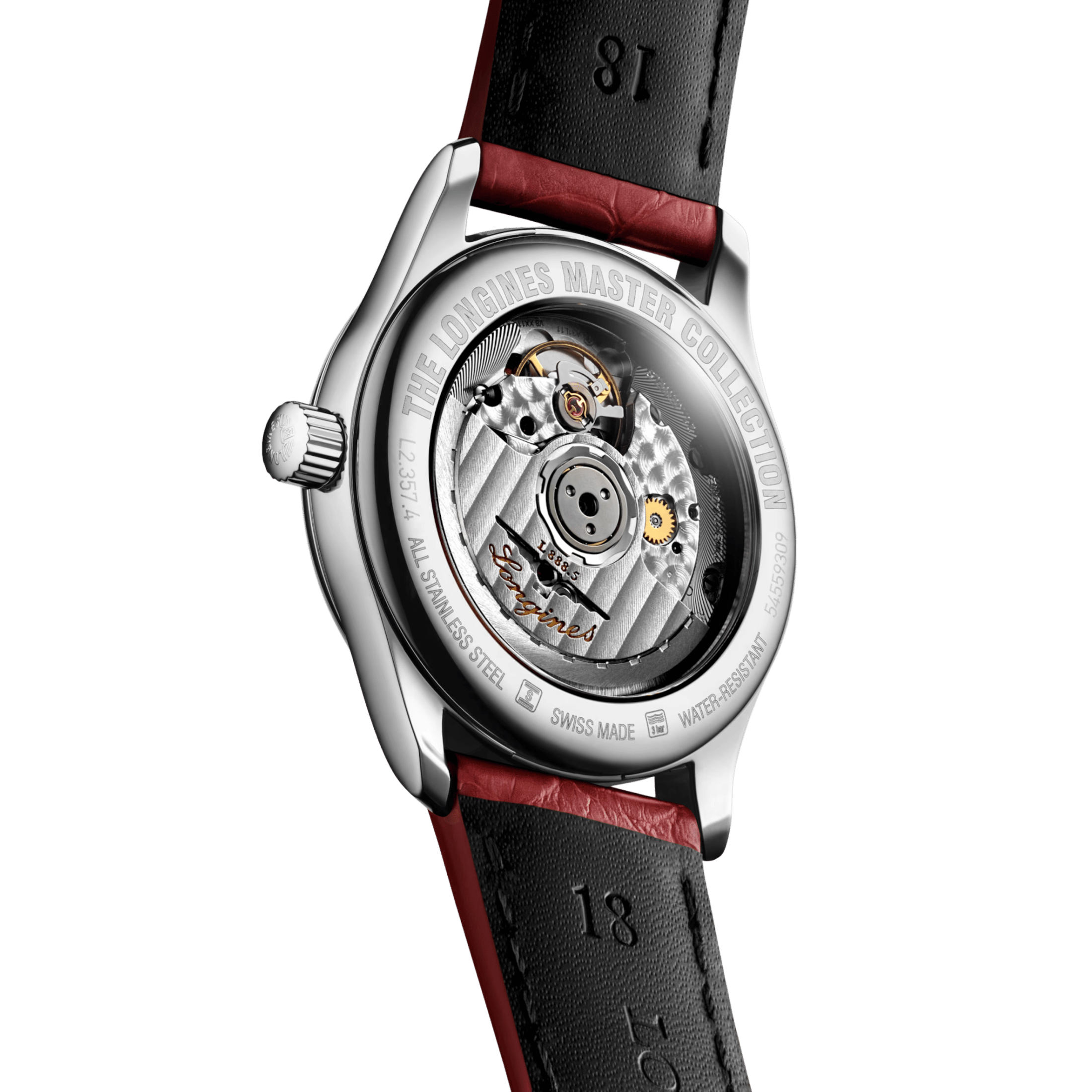Longines Master Collection watch, self-winding, steel, silver dial, red leather strap, 34 mm
