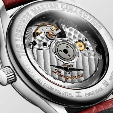 Longines Master Collection watch, self-winding, steel, silver dial, red leather strap, 34 mm