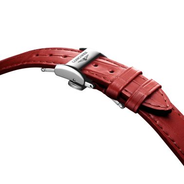 Longines Master Collection watch, self-winding, steel, silver dial, red leather strap, 34 mm