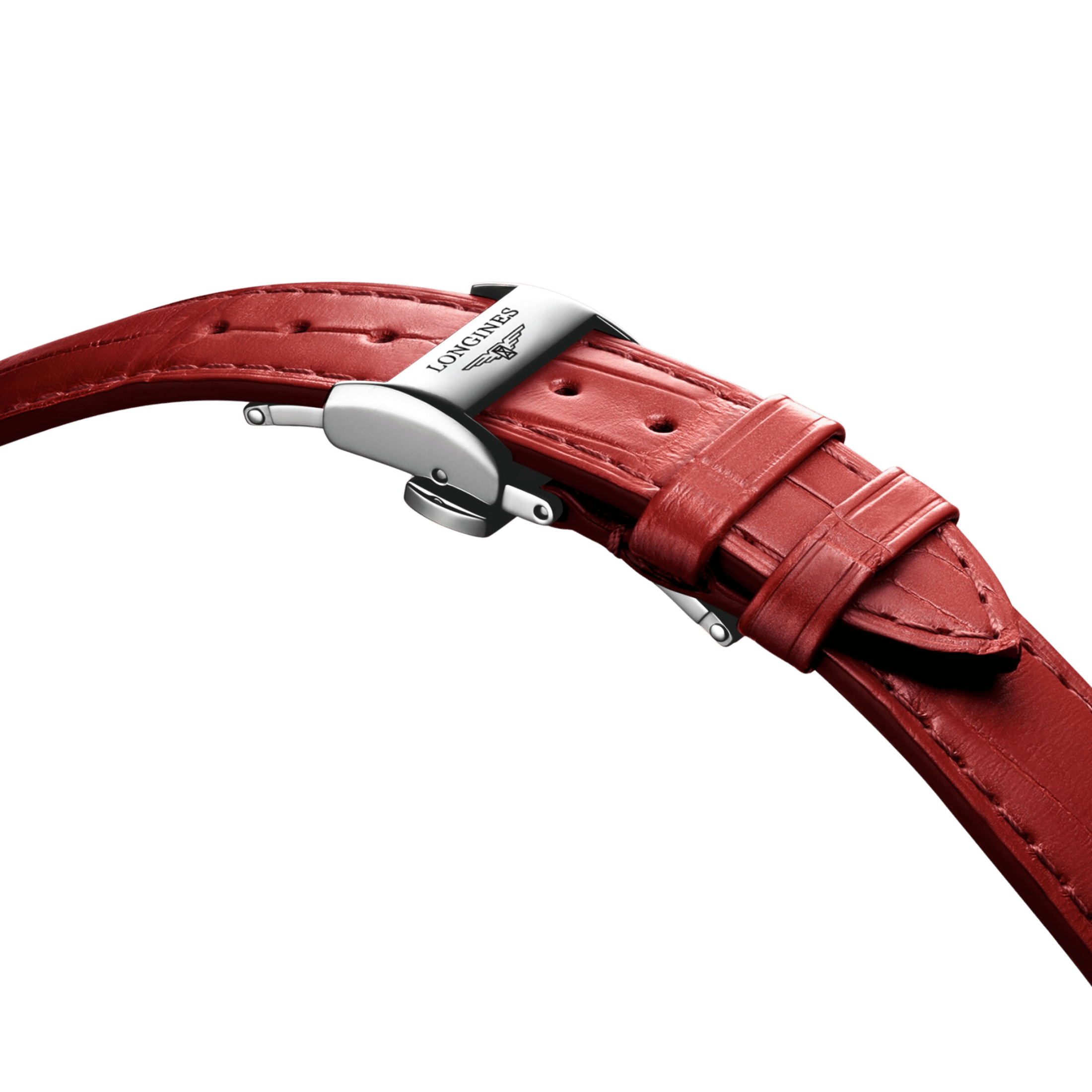 Longines Master Collection watch, self-winding, steel, silver dial, red leather strap, 34 mm