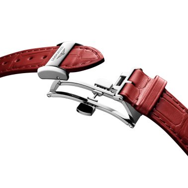 Longines Master Collection watch, self-winding, steel, silver dial, red leather strap, 34 mm