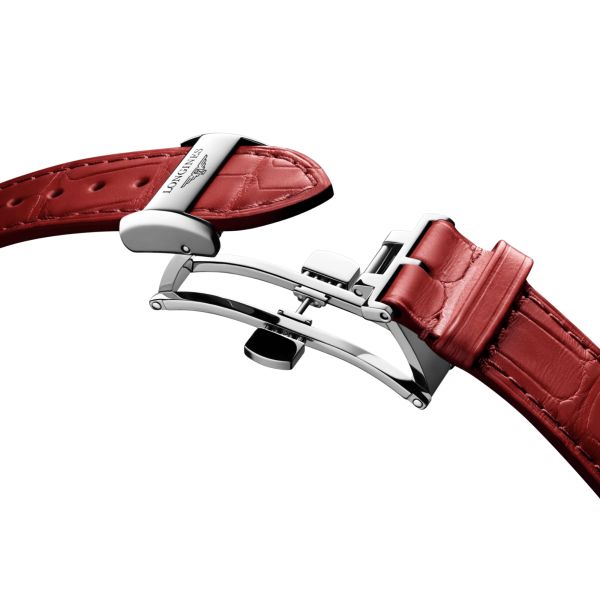 Longines Master Collection watch, self-winding, steel, silver dial, red leather strap, 34 mm