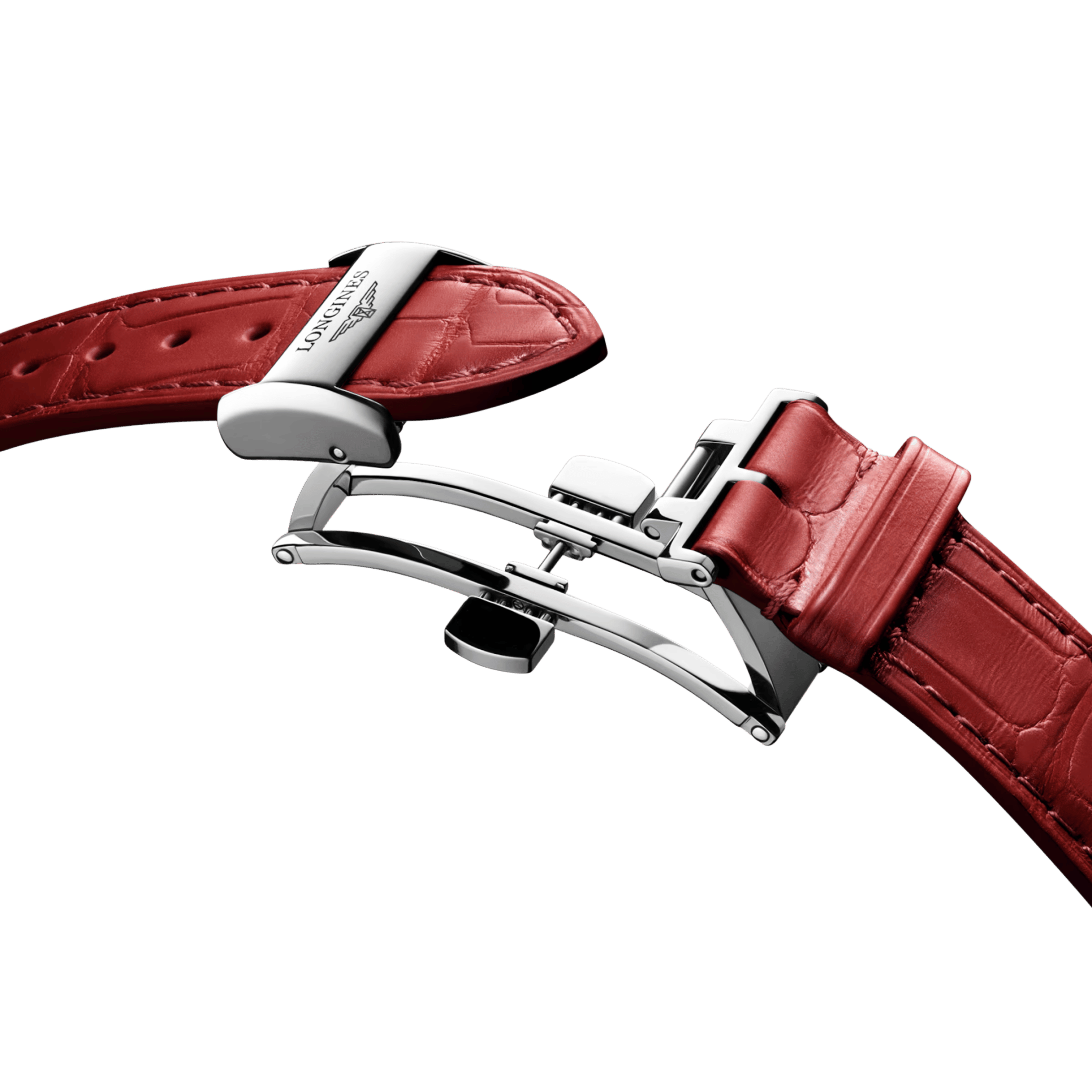 Longines Master Collection watch, self-winding, steel, silver dial, red leather strap, 34 mm