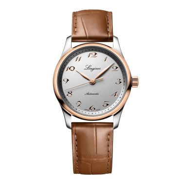 Longines Master Collection watch, steel with rose gold bezel and dial, silver, brown leather strap, 34 mm