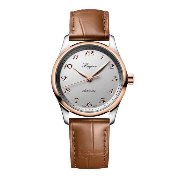 Montre Longines Master Collection auto acier et coiffe or rose cadran argent bracelet cuir marron 34 mm