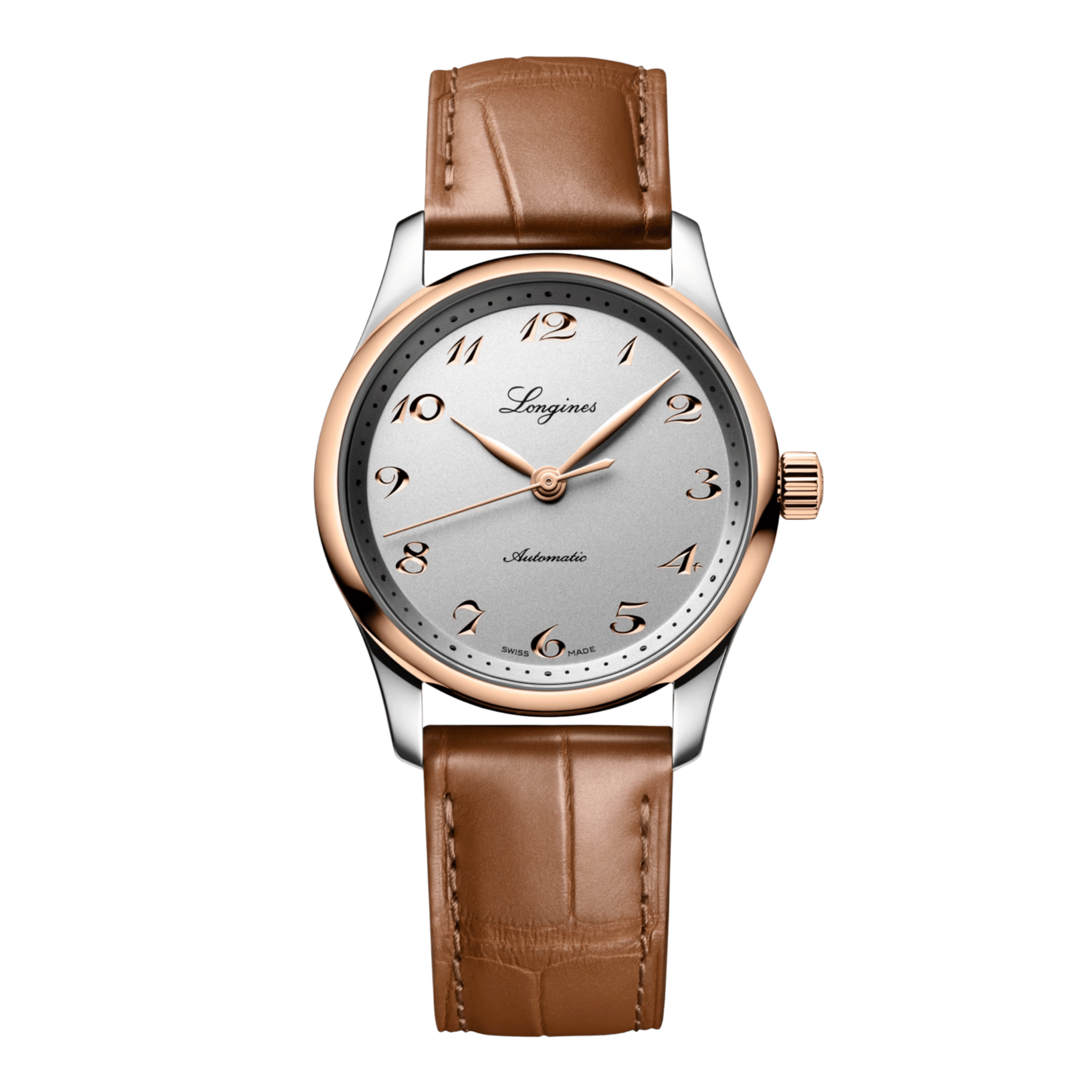 Longines Master Collection watch, steel with rose gold bezel and dial, silver, brown leather strap, 34 mm