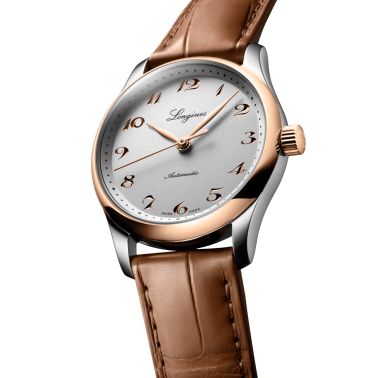 Montre Longines Master Collection auto acier et coiffe or rose cadran argent bracelet cuir marron 34 mm