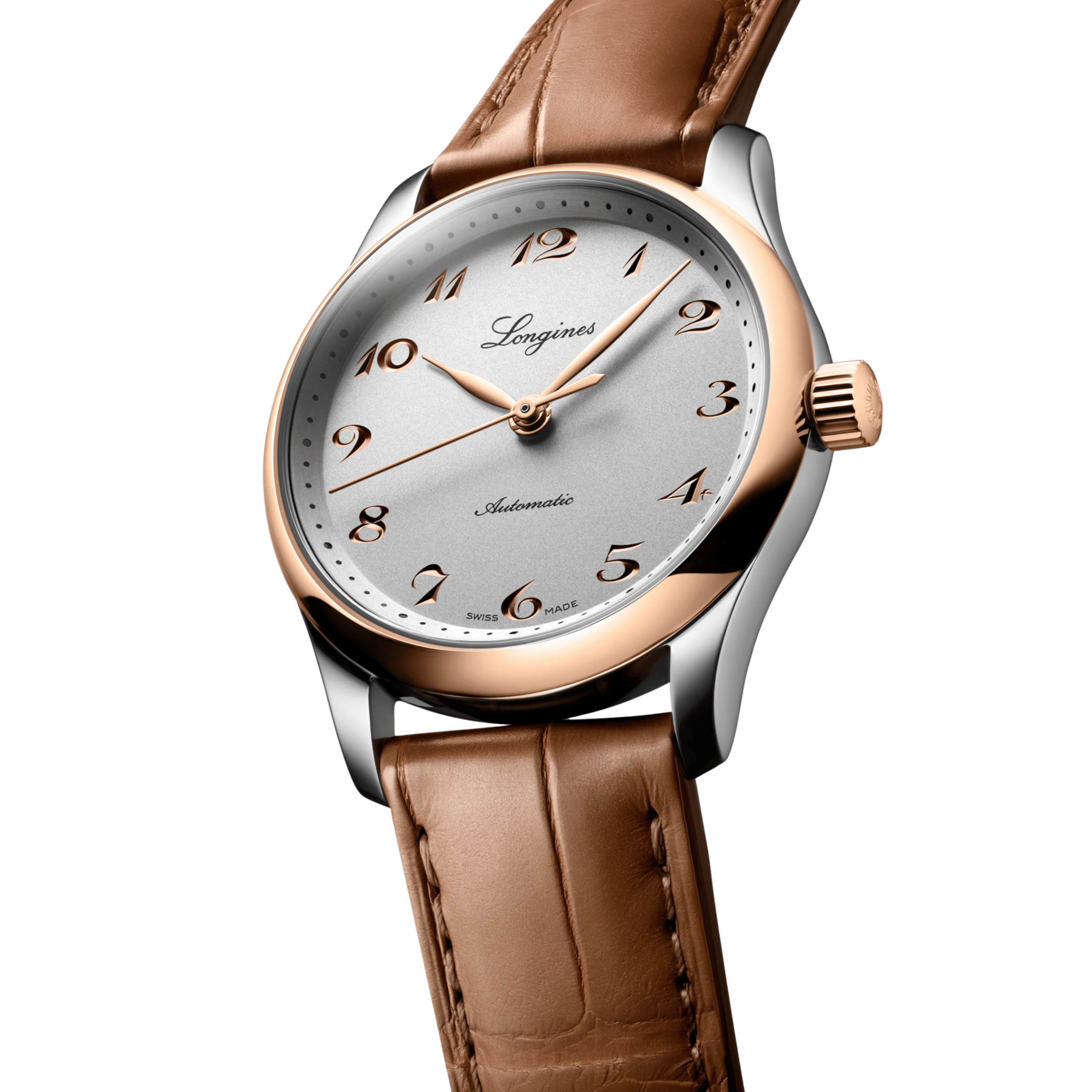 Montre Longines Master Collection auto acier et coiffe or rose cadran argent bracelet cuir marron 34 mm