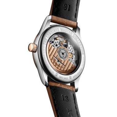 Montre Longines Master Collection auto acier et coiffe or rose cadran argent bracelet cuir marron 34 mm