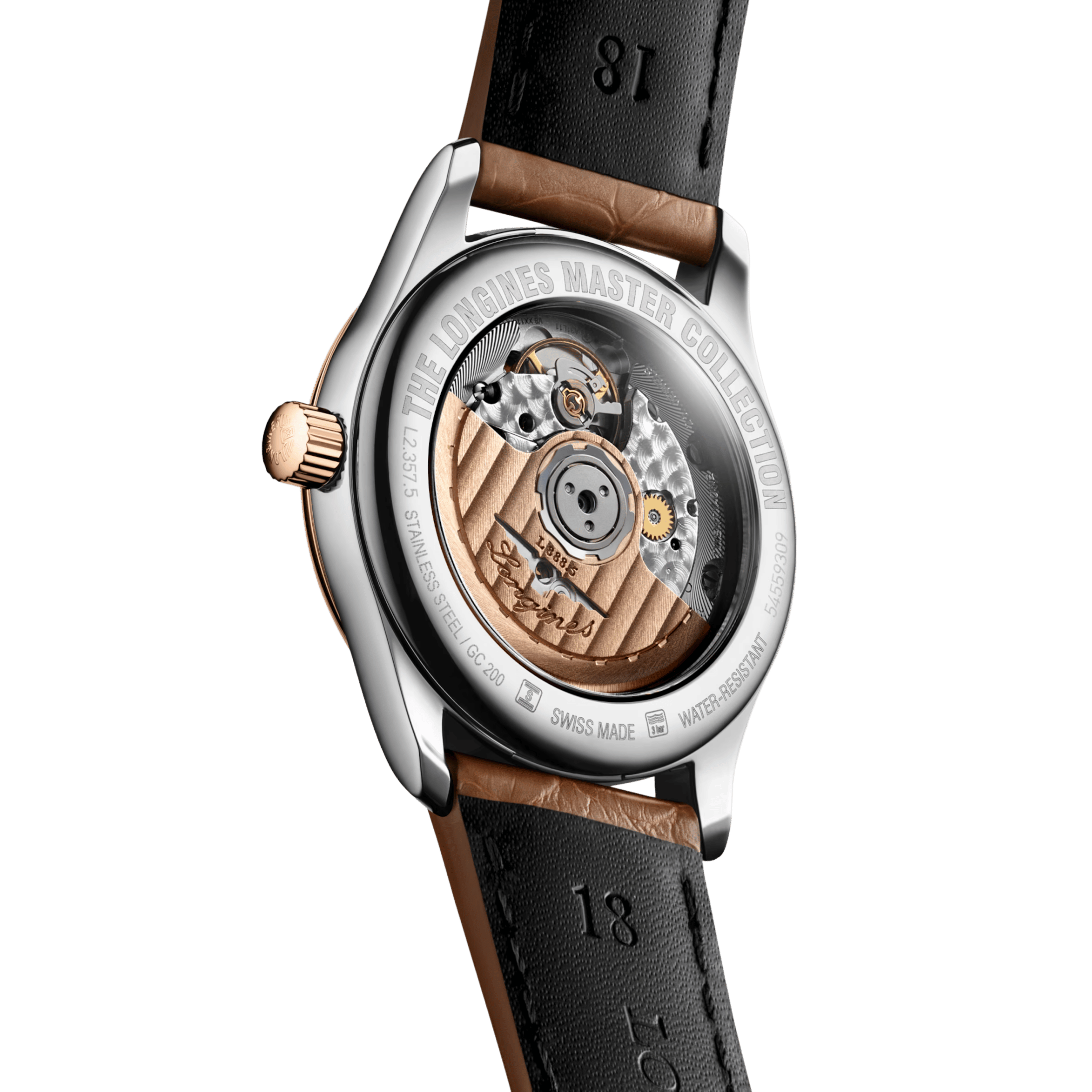 Longines Master Collection watch, steel with rose gold bezel and dial, silver, brown leather strap, 34 mm