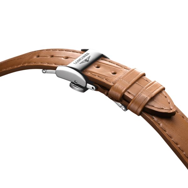 Longines Master Collection watch, steel with rose gold bezel and dial, silver, brown leather strap, 34 mm