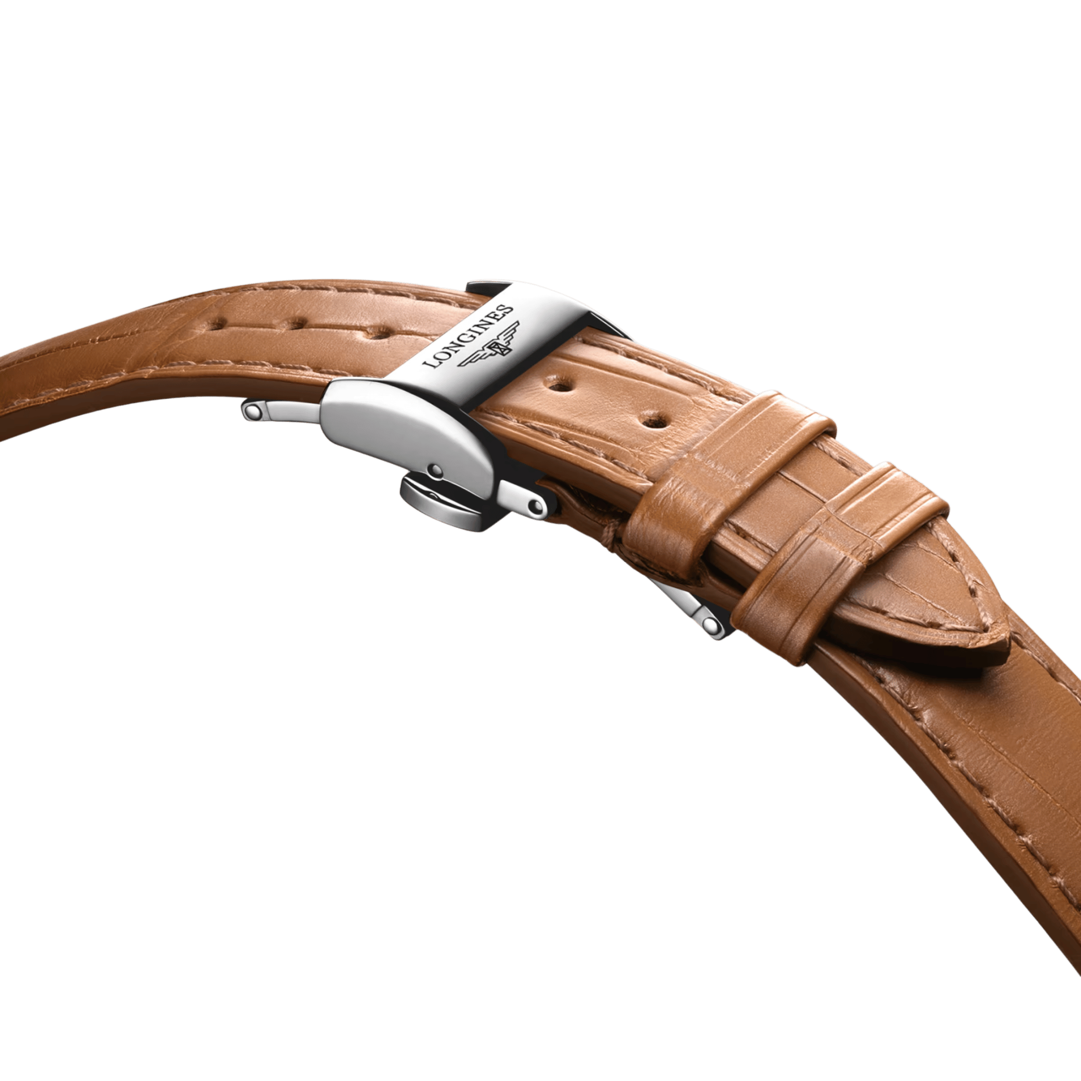 Longines Master Collection watch, steel with rose gold bezel and dial, silver, brown leather strap, 34 mm