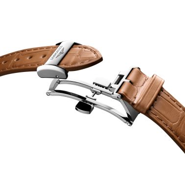 Longines Master Collection watch, steel with rose gold bezel and dial, silver, brown leather strap, 34 mm