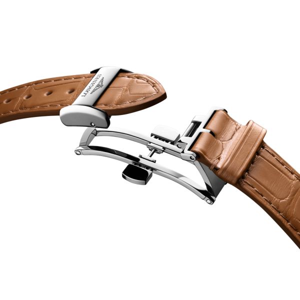 Longines Master Collection watch, steel with rose gold bezel and dial, silver, brown leather strap, 34 mm