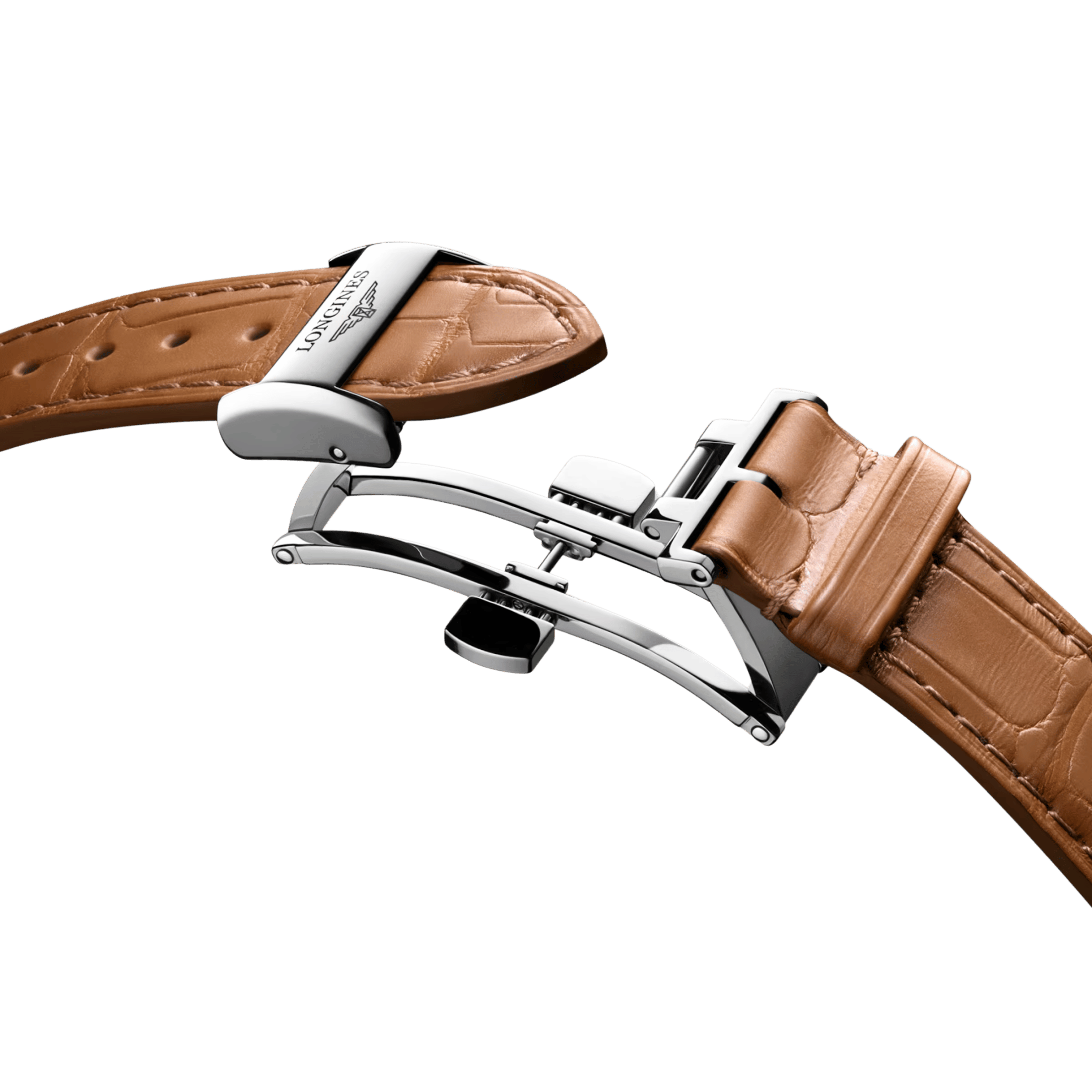 Longines Master Collection watch, steel with rose gold bezel and dial, silver, brown leather strap, 34 mm