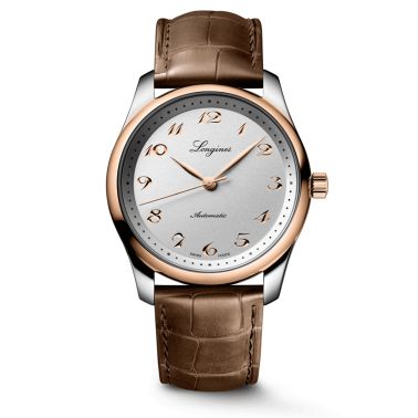 Longines Master Collection watch, stainless steel and pink gold cap, silver dial, brown leather strap, 40 mm
