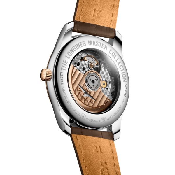 Montre Longines Master Collection auto acier et coiffe or rose cadran argent bracelet cuir marron 40 mm