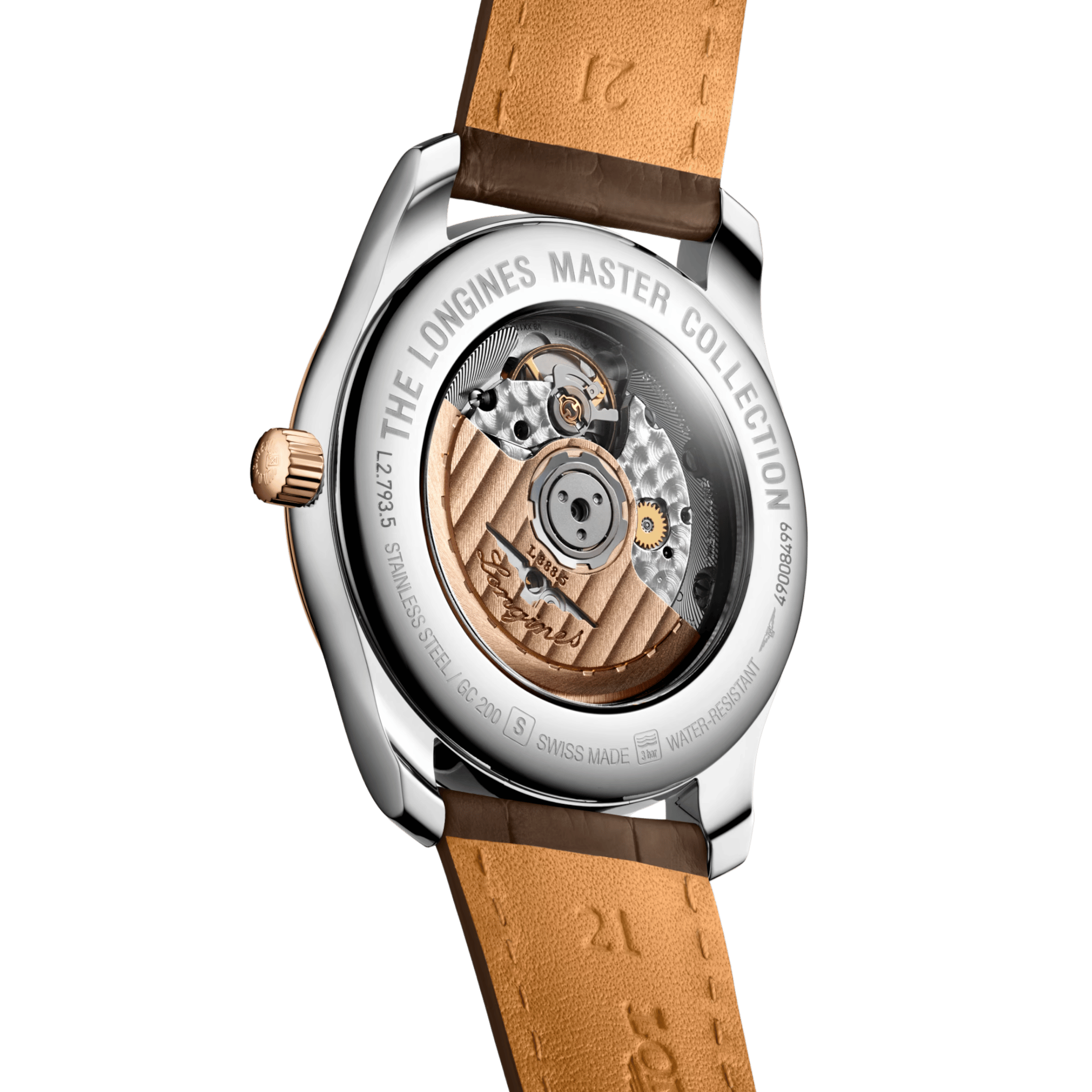 Longines Master Collection watch, stainless steel and pink gold cap, silver dial, brown leather strap, 40 mm