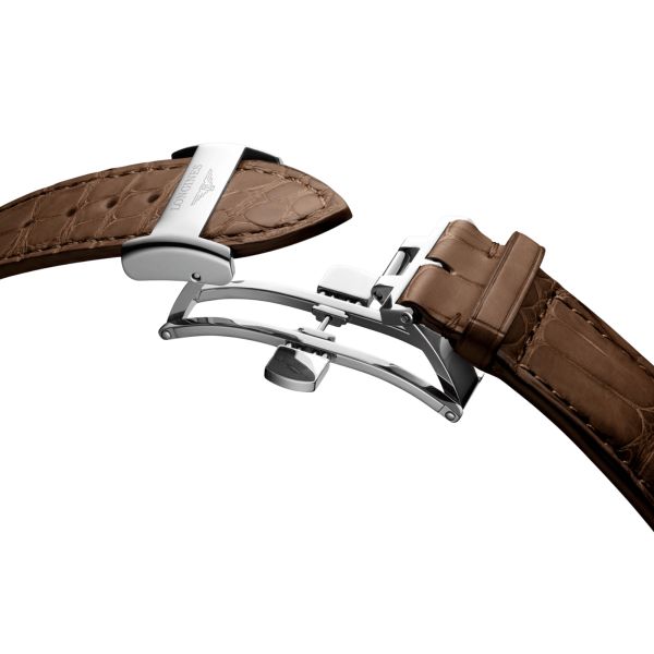 Longines Master Collection watch, stainless steel and pink gold cap, silver dial, brown leather strap, 40 mm