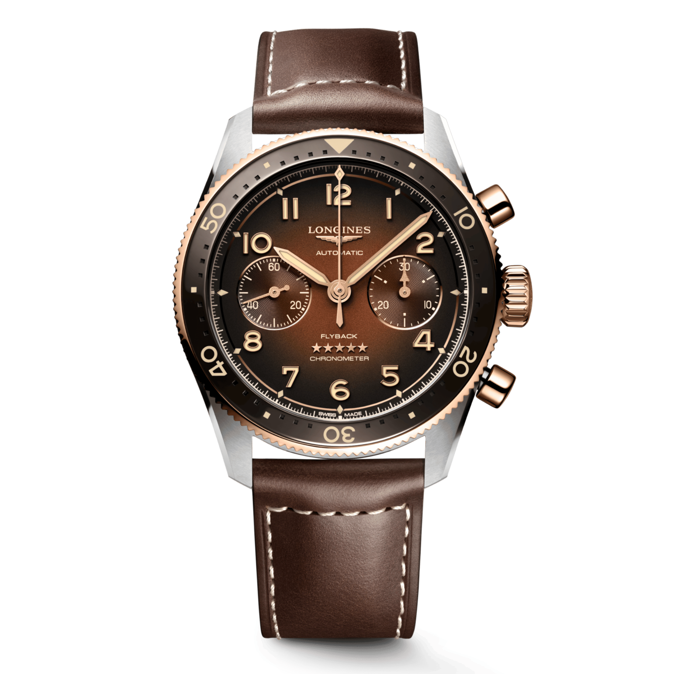 Montre Longines Spirit Flyback automatique chronographe cadran brun bracelet cuir brun 42 mm