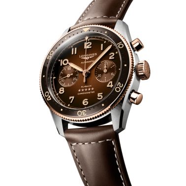 Montre Longines Spirit Flyback automatique chronographe cadran brun bracelet cuir brun 42 mm