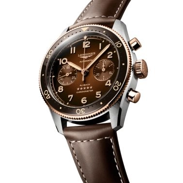 Watch Longines Spirit Flyback automatic chronograph brown dial brown leather strap 42 mm