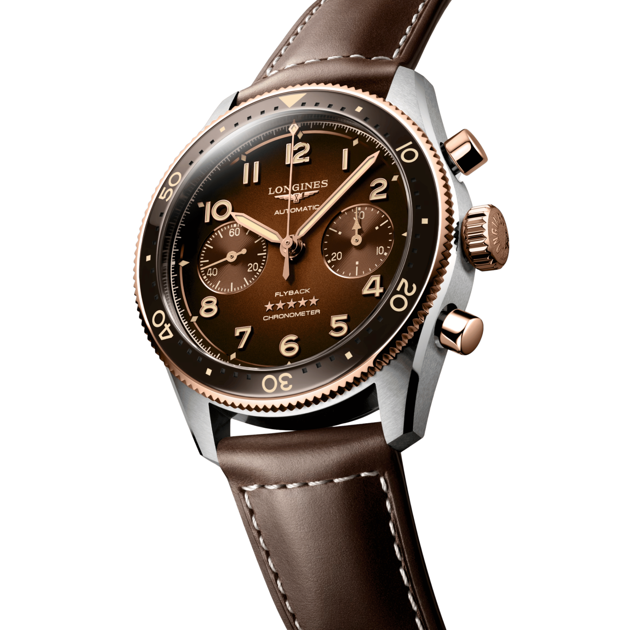 Watch Longines Spirit Flyback automatic chronograph brown dial brown leather strap 42 mm