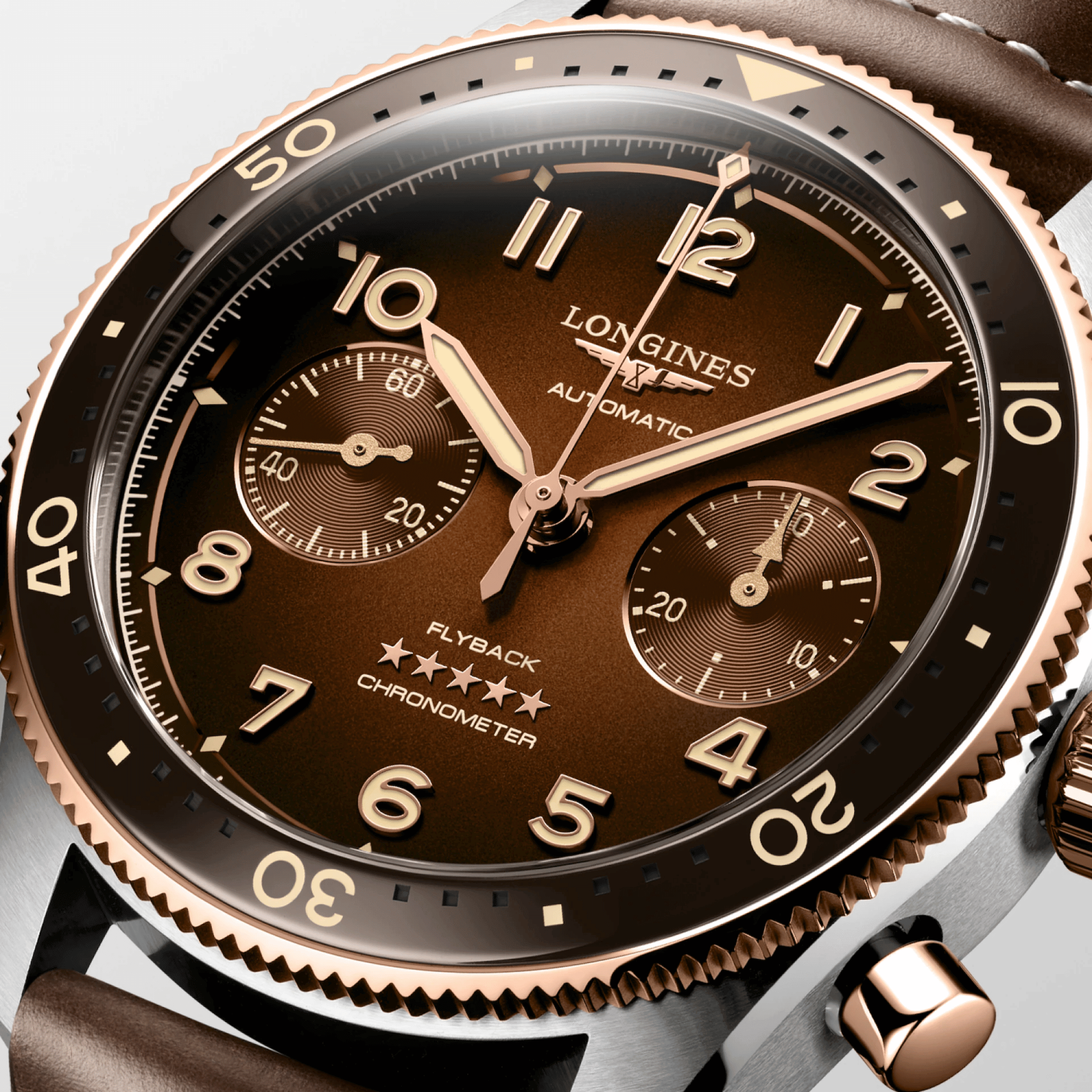 Watch Longines Spirit Flyback automatic chronograph brown dial brown leather strap 42 mm