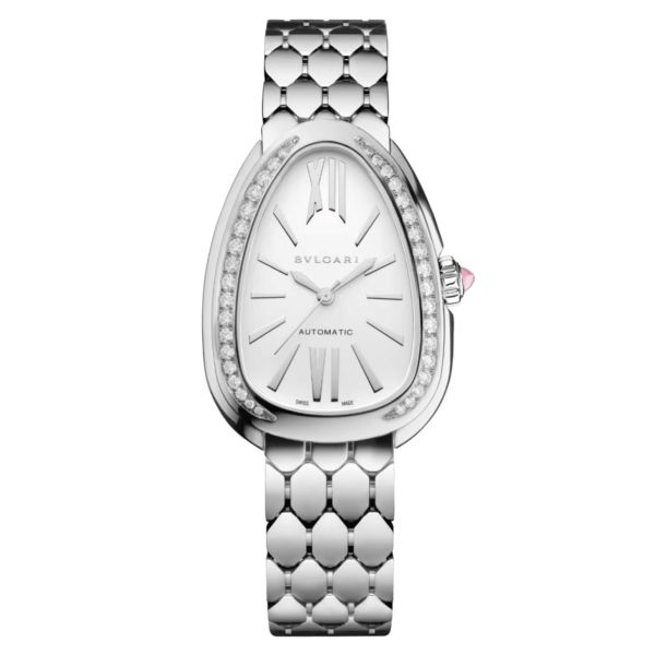 Bulgari Serpenti Seduttori automatic watch bezel set white dial steel bracelet 34 mm