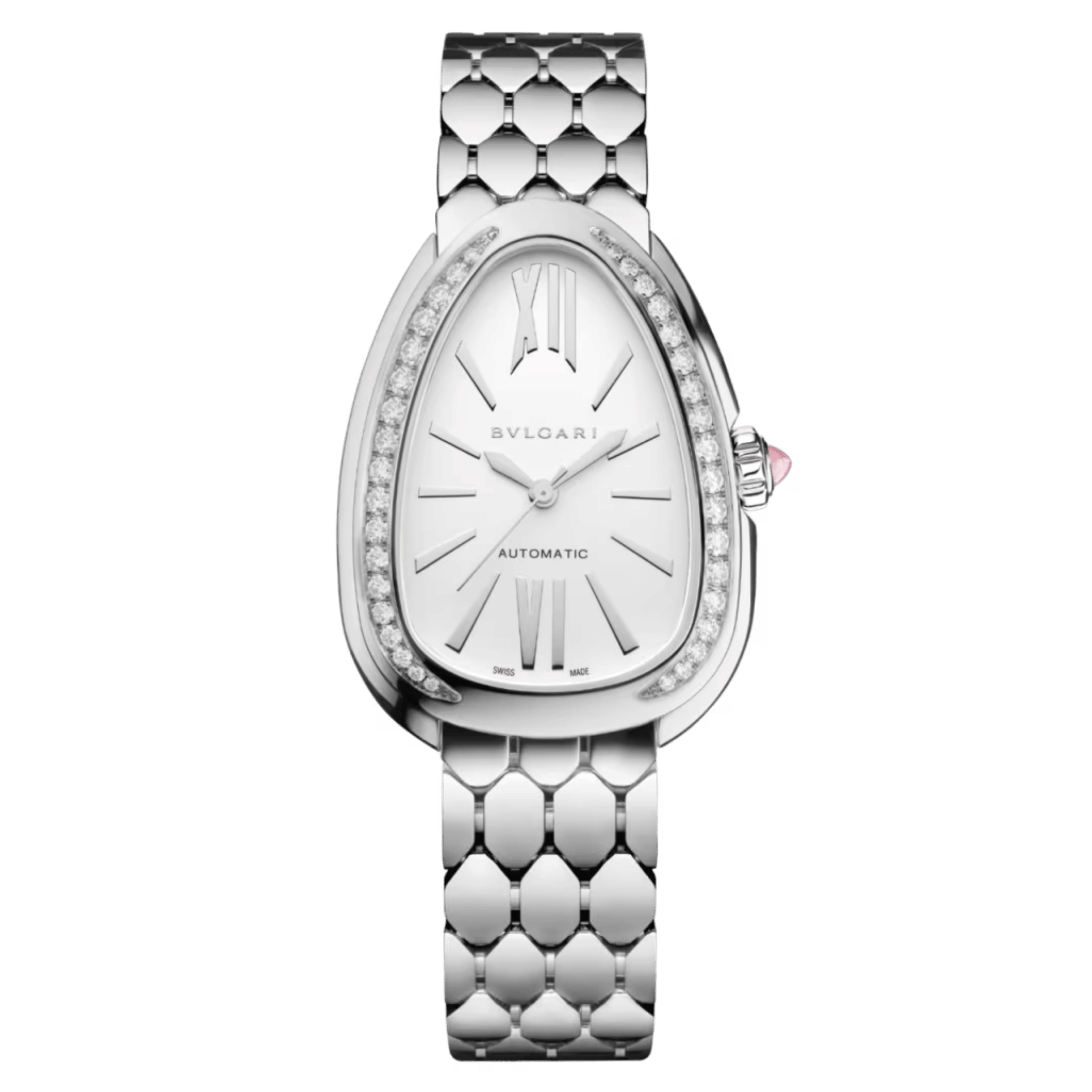 Bulgari Serpenti Seduttori automatic watch bezel set white dial steel bracelet 34 mm