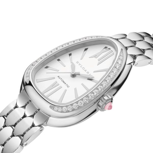 Montre Bulgari Serpenti Seduttori automatique lunette sertie cadran blanc bracelet acier 34 mm