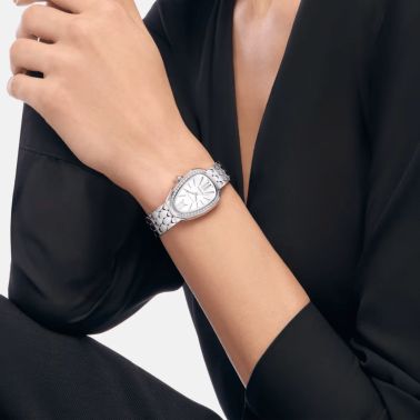 Bulgari Serpenti Seduttori automatic watch bezel set white dial steel bracelet 34 mm