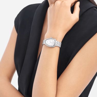 Montre Bulgari Serpenti Seduttori automatique lunette sertie cadran blanc bracelet acier 34 mm