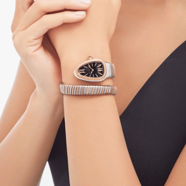 Bulgari Serpenti Tubogas quartz watch black dial steel and rose gold bracelet 35 mm