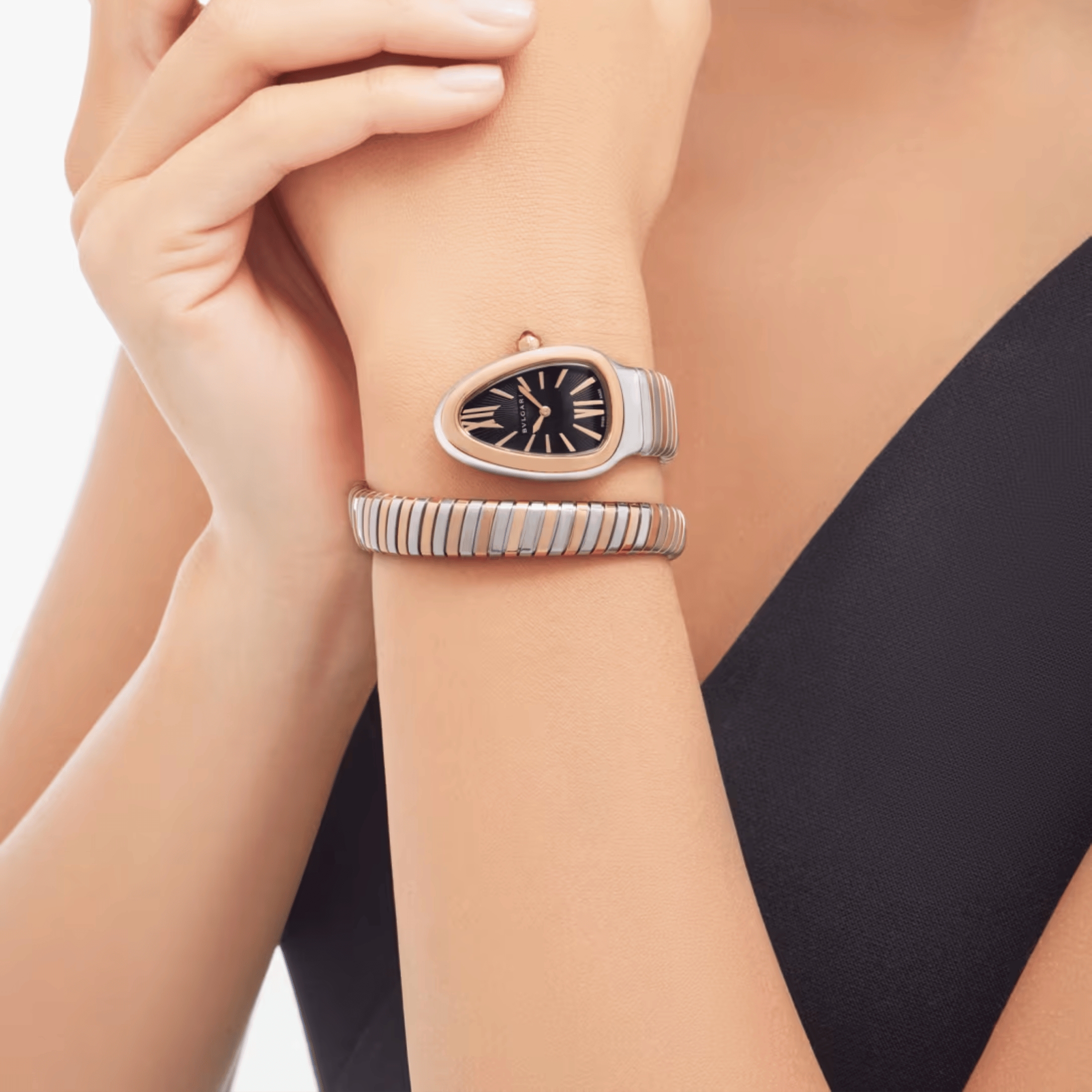 Bulgari Serpenti Tubogas quartz watch black dial steel and rose gold bracelet 35 mm