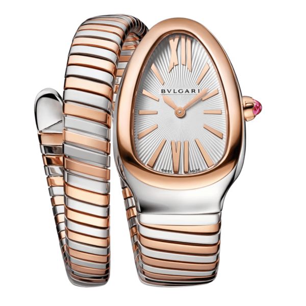 Montre Bulgari Serpenti Tubogas quartz cadran blanc opalin bracelet acier et or rose 35 mm