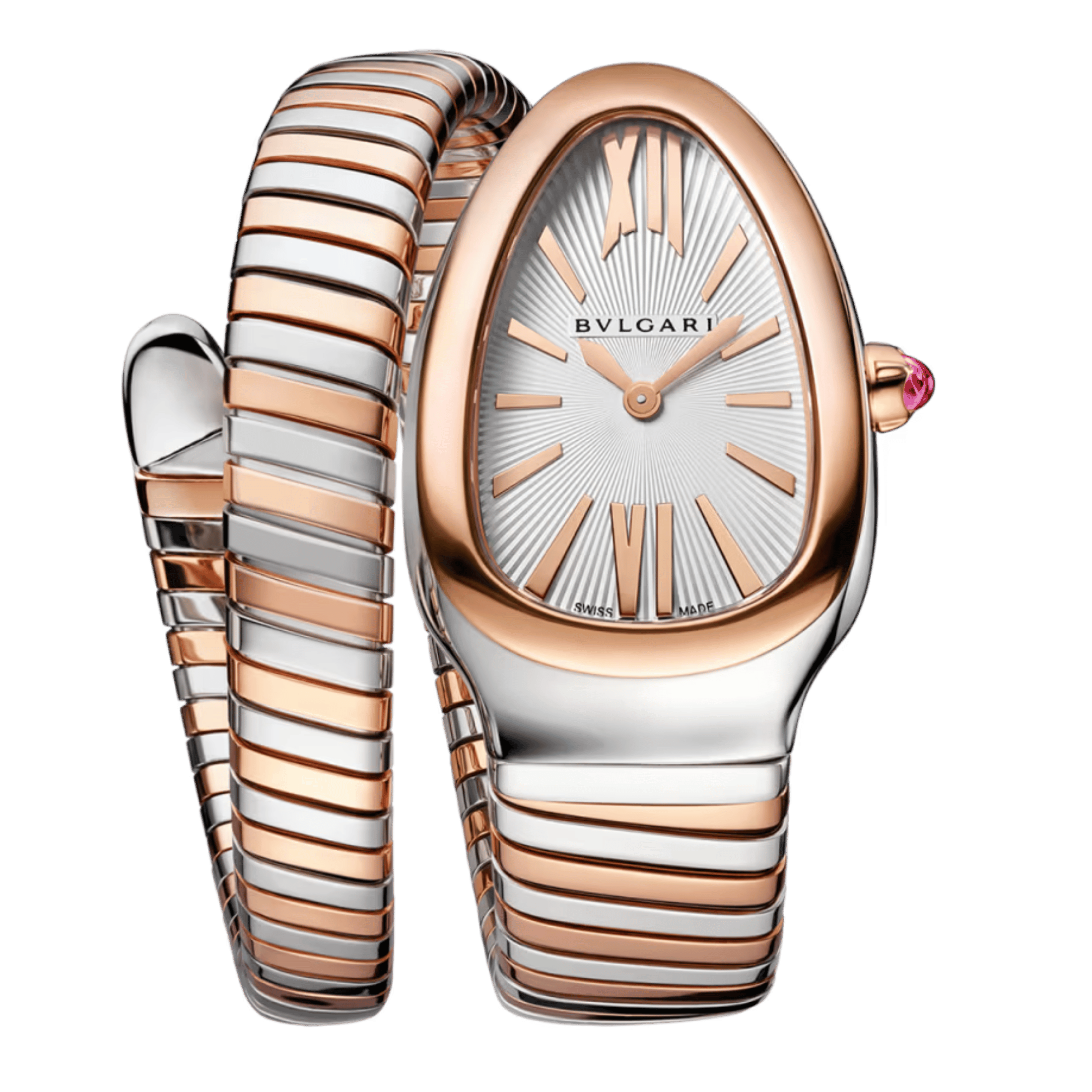 Montre Bulgari Serpenti Tubogas quartz cadran blanc opalin bracelet acier et or rose 35 mm