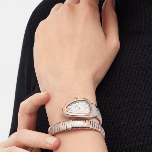 Montre Bulgari Serpenti Tubogas quartz cadran blanc opalin bracelet acier et or rose 35 mm