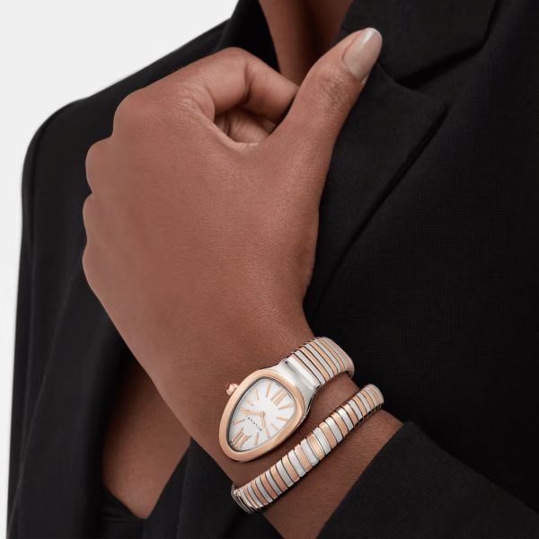 Bulgari Serpenti Tubogas quartz watch opaline white dial steel and rose gold bracelet 35 mm
