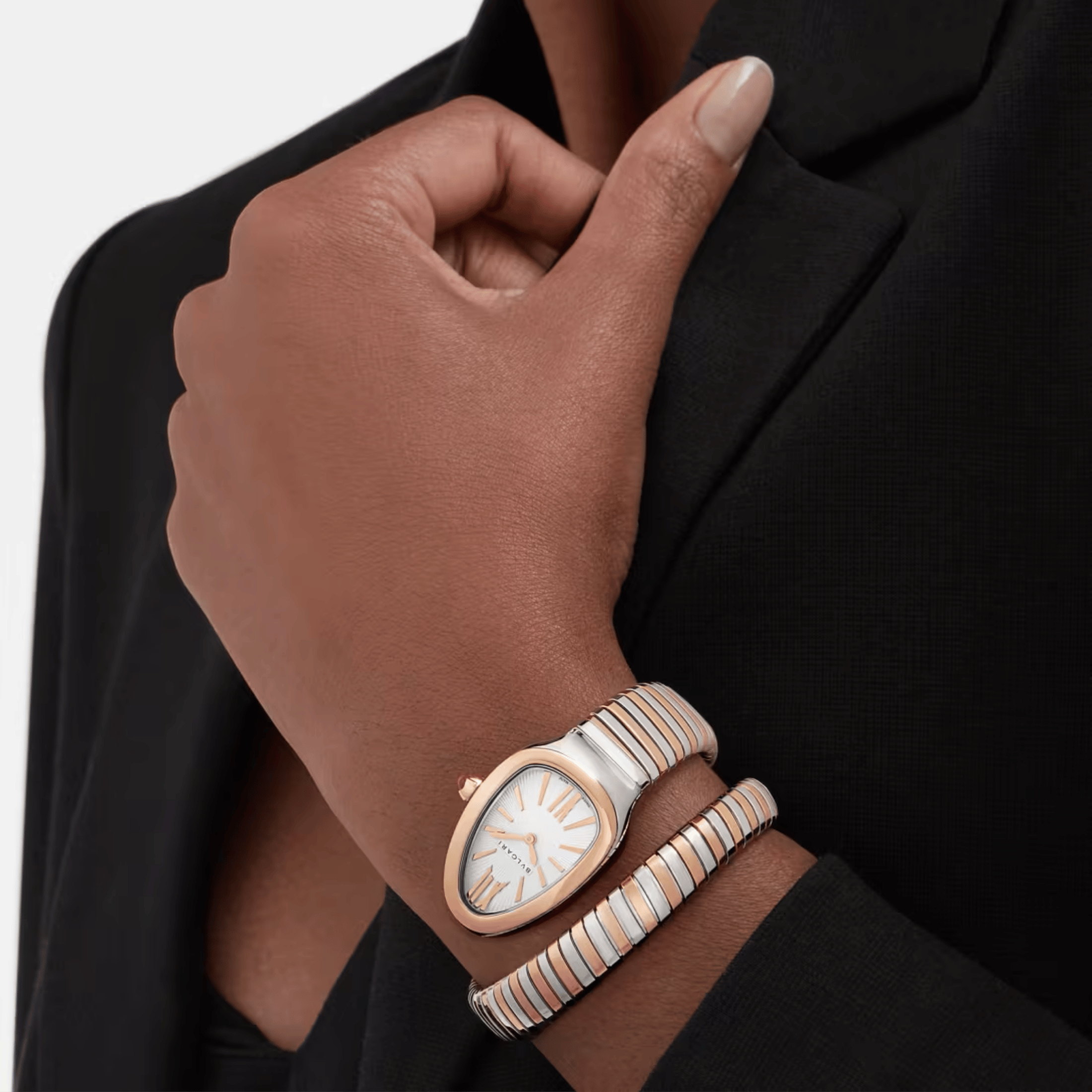Bulgari Serpenti Tubogas quartz watch opaline white dial steel and rose gold bracelet 35 mm