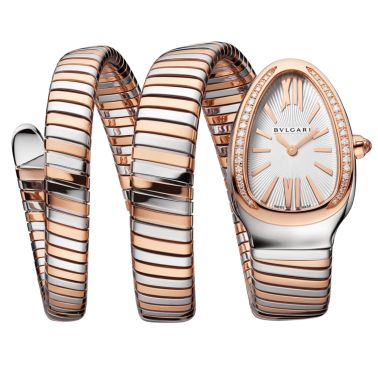 Montre Bulgari Serpenti Tubogas quartz lunette sertie cadran argenté opalin bracelet acier et or rose double tour 35 mm