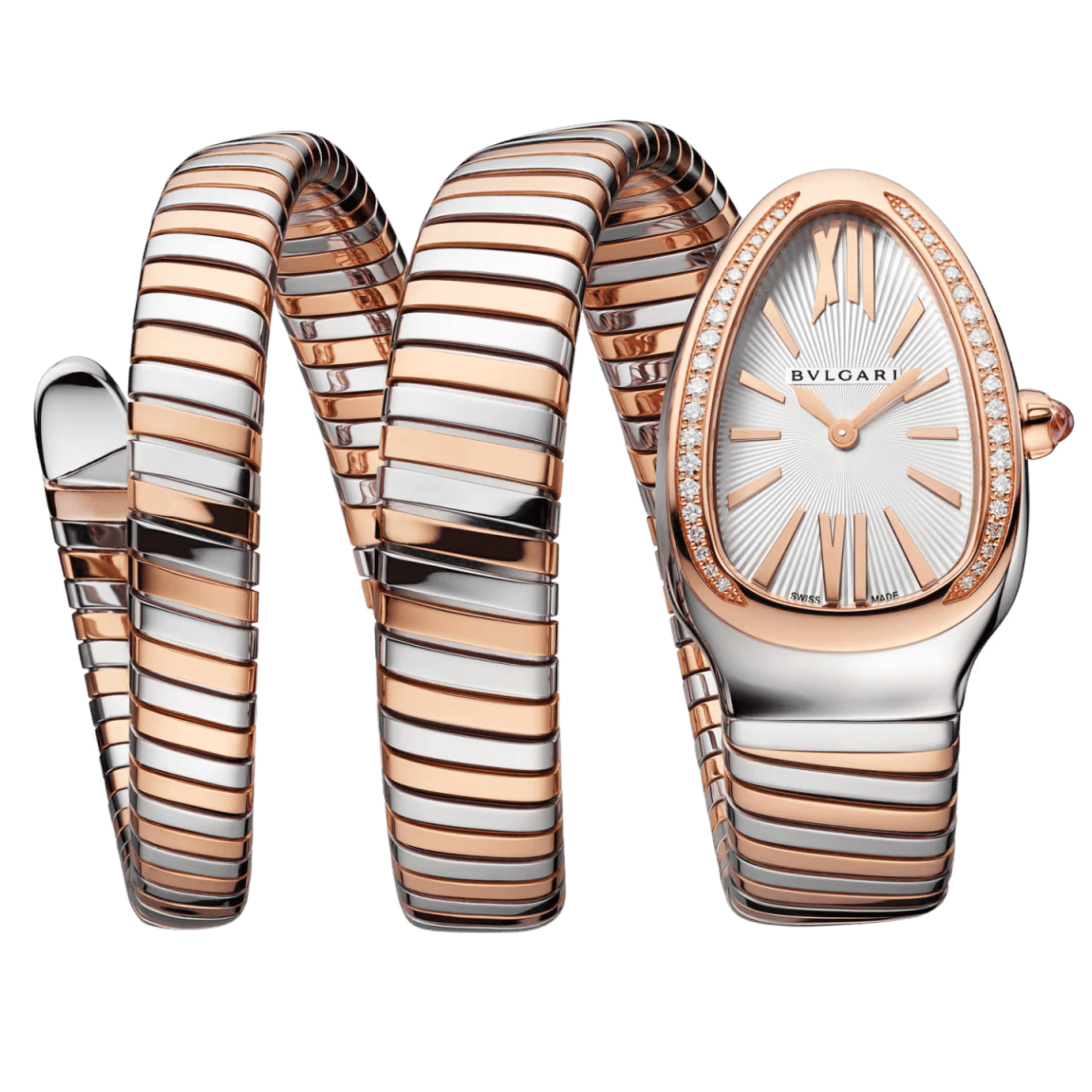 Bulgari Serpenti Tubogas quartz watch bezel set opaline silver dial steel and rose gold bracelet double tour 35 mm
