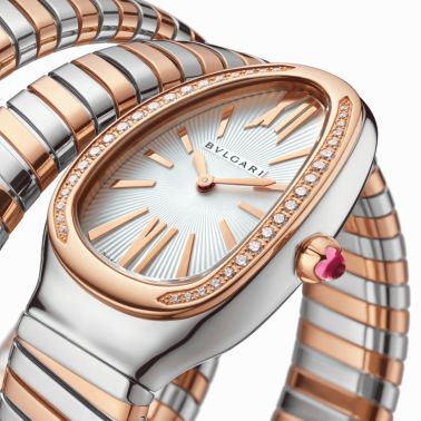 Montre Bulgari Serpenti Tubogas quartz lunette sertie cadran argenté opalin bracelet acier et or rose double tour 35 mm