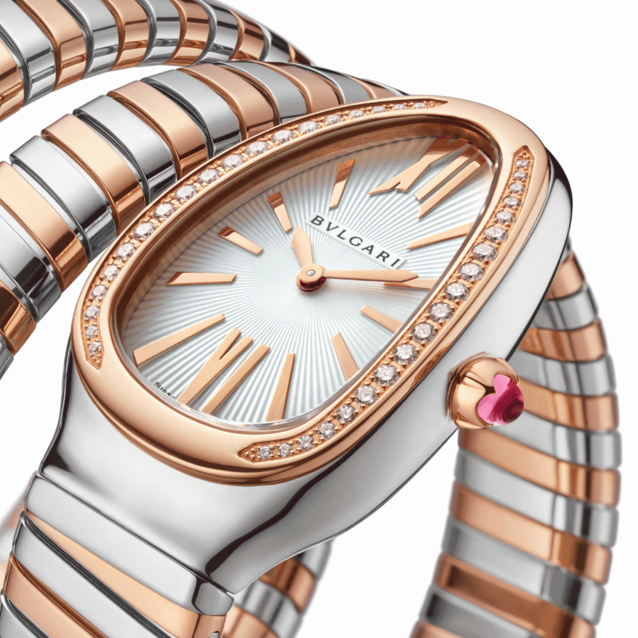 Bulgari Serpenti Tubogas quartz watch bezel set opaline silver dial steel and rose gold bracelet double tour 35 mm