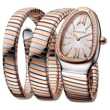 Bulgari Serpenti Tubogas quartz watch bezel set opaline silver dial steel and rose gold bracelet double tour 35 mm