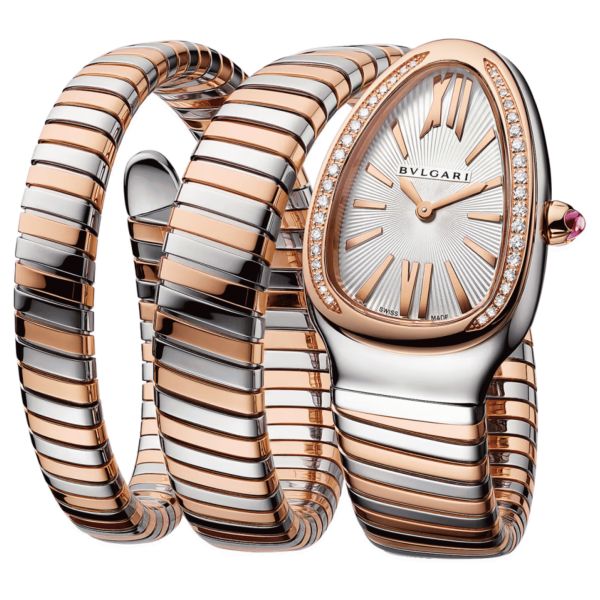 Bulgari Serpenti Tubogas quartz watch bezel set opaline silver dial steel and rose gold bracelet double tour 35 mm